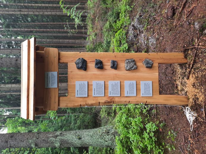 Dřevěná tabule na níž je úkolem provázkem spojit popis kamene se správným kamenem..